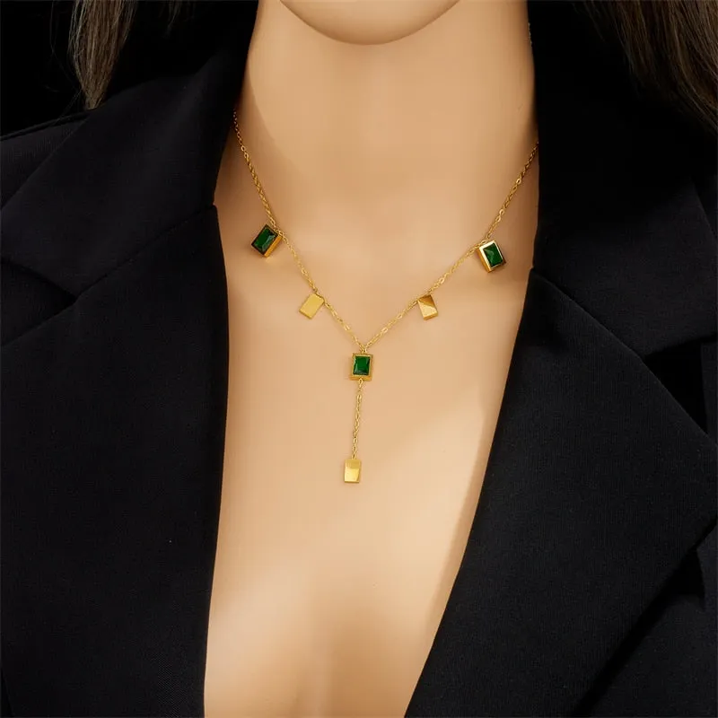 316L Stainless Steel Square Green Crystal Long Pendant Necklace For Women