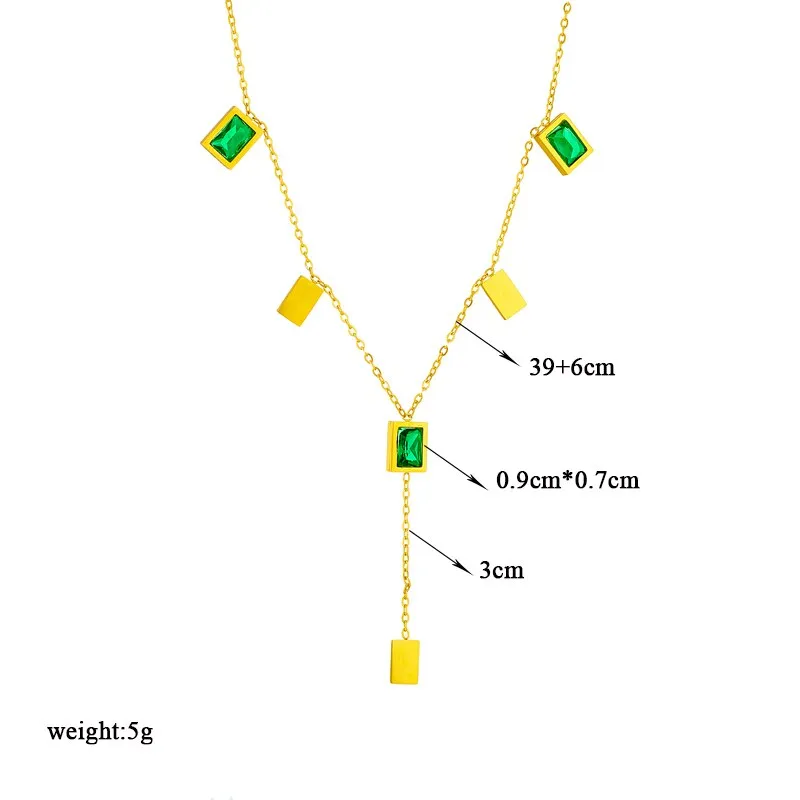 316L Stainless Steel Square Green Crystal Long Pendant Necklace For Women
