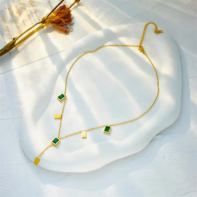 316L Stainless Steel Square Green Crystal Long Pendant Necklace For Women