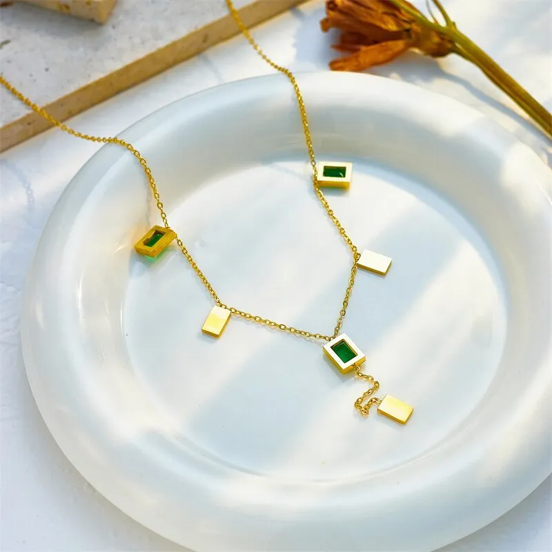 316L Stainless Steel Square Green Crystal Long Pendant Necklace For Women