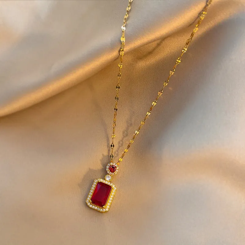 316L Stainless Steel Square Green Red Zircon Pendant Necklace For Women