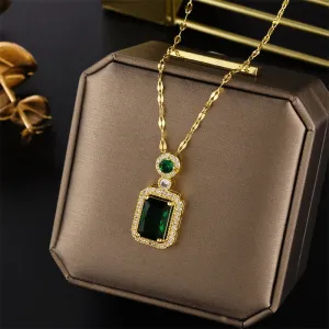 316L Stainless Steel Square Green Red Zircon Pendant Necklace For Women
