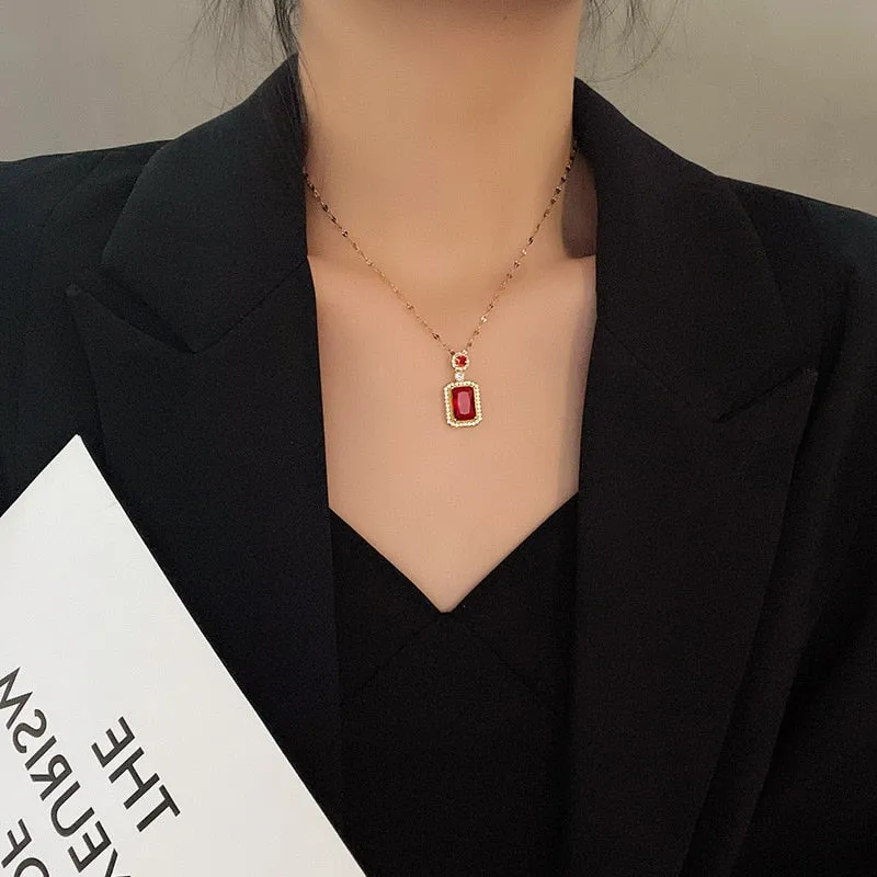 316L Stainless Steel Square Green Red Zircon Pendant Necklace For Women