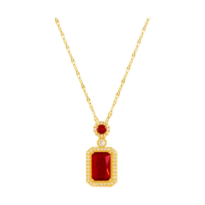 316L Stainless Steel Square Green Red Zircon Pendant Necklace For Women