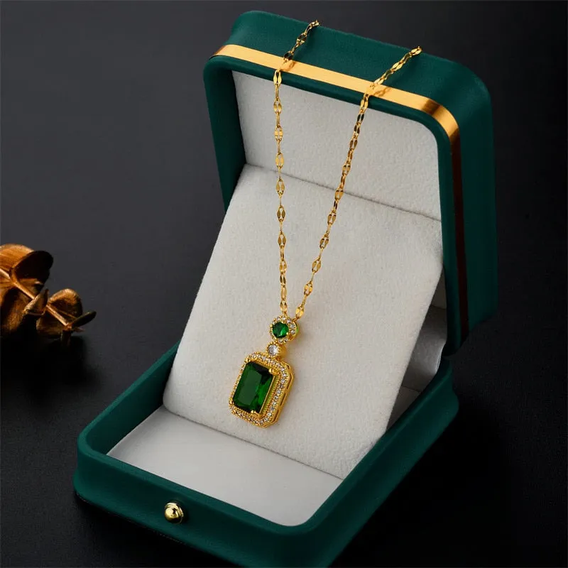 316L Stainless Steel Square Green Red Zircon Pendant Necklace For Women