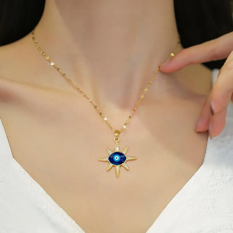 316L Stainless Steel Starlight Blue Eye Pendant Necklace For Women