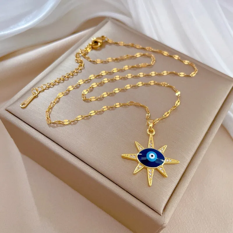 316L Stainless Steel Starlight Blue Eye Pendant Necklace For Women