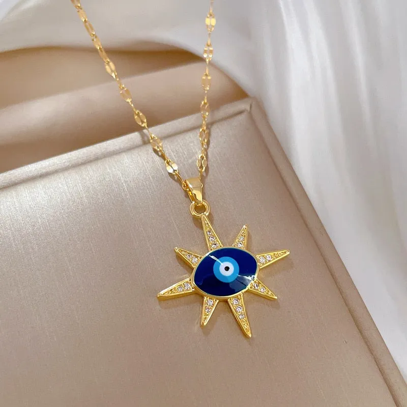 316L Stainless Steel Starlight Blue Eye Pendant Necklace For Women