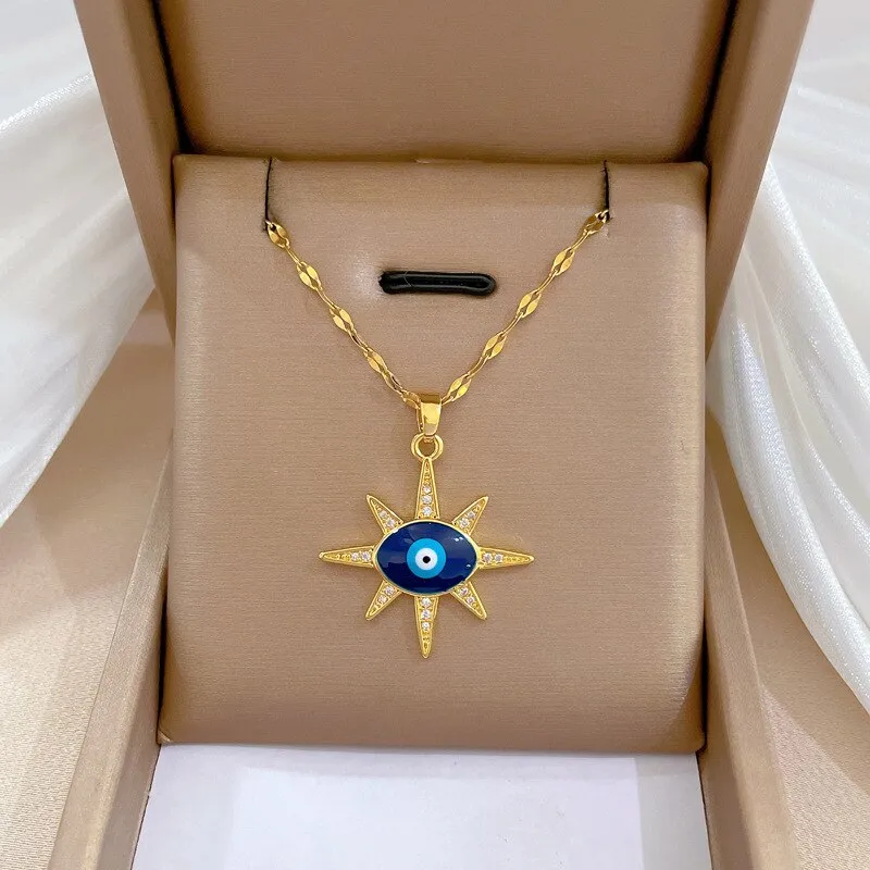316L Stainless Steel Starlight Blue Eye Pendant Necklace For Women