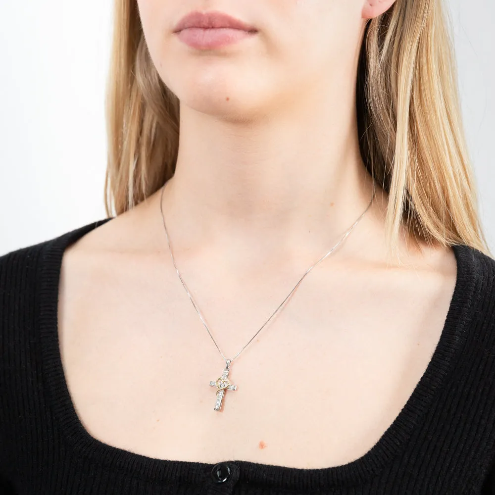 5 Point Diamond Cross Pendant in Sterling Silver with Yellow Heart Accent on 45cm Silver Chain