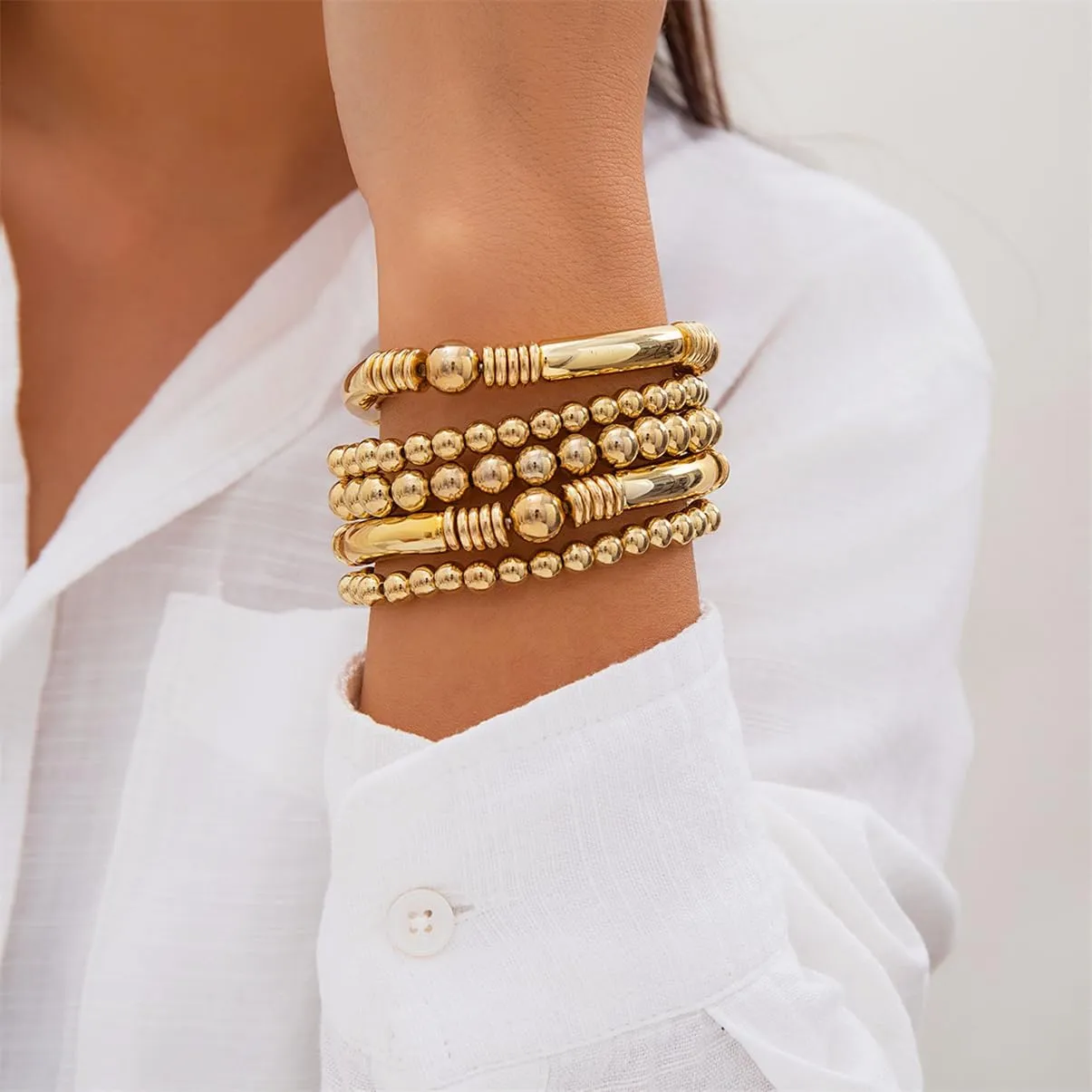 5Pcs Gold Bead Bracelets Set for Women,14K Gold Plated Stackable Bead Ball Bracelets Set,Adjustable Chunky Bangles Bracelets,Boho Stretch Bead Ball Bracelet for Women
