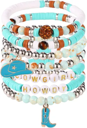 7pcs Cowgirl Beaded Bracelets, Stackable Western Country Beaded Stretch Bracelets with Cowgirl Hat and Boots Charms Y2K Style Boho Summer Beach Jewelry Accessories for Women