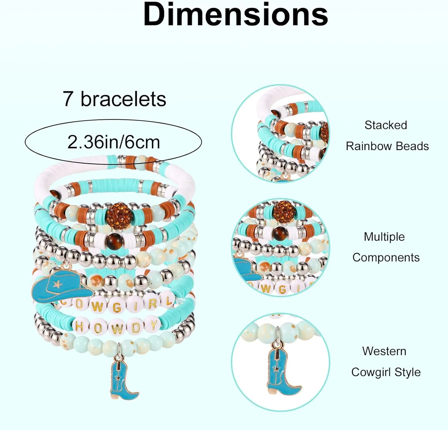 7pcs Cowgirl Beaded Bracelets, Stackable Western Country Beaded Stretch Bracelets with Cowgirl Hat and Boots Charms Y2K Style Boho Summer Beach Jewelry Accessories for Women