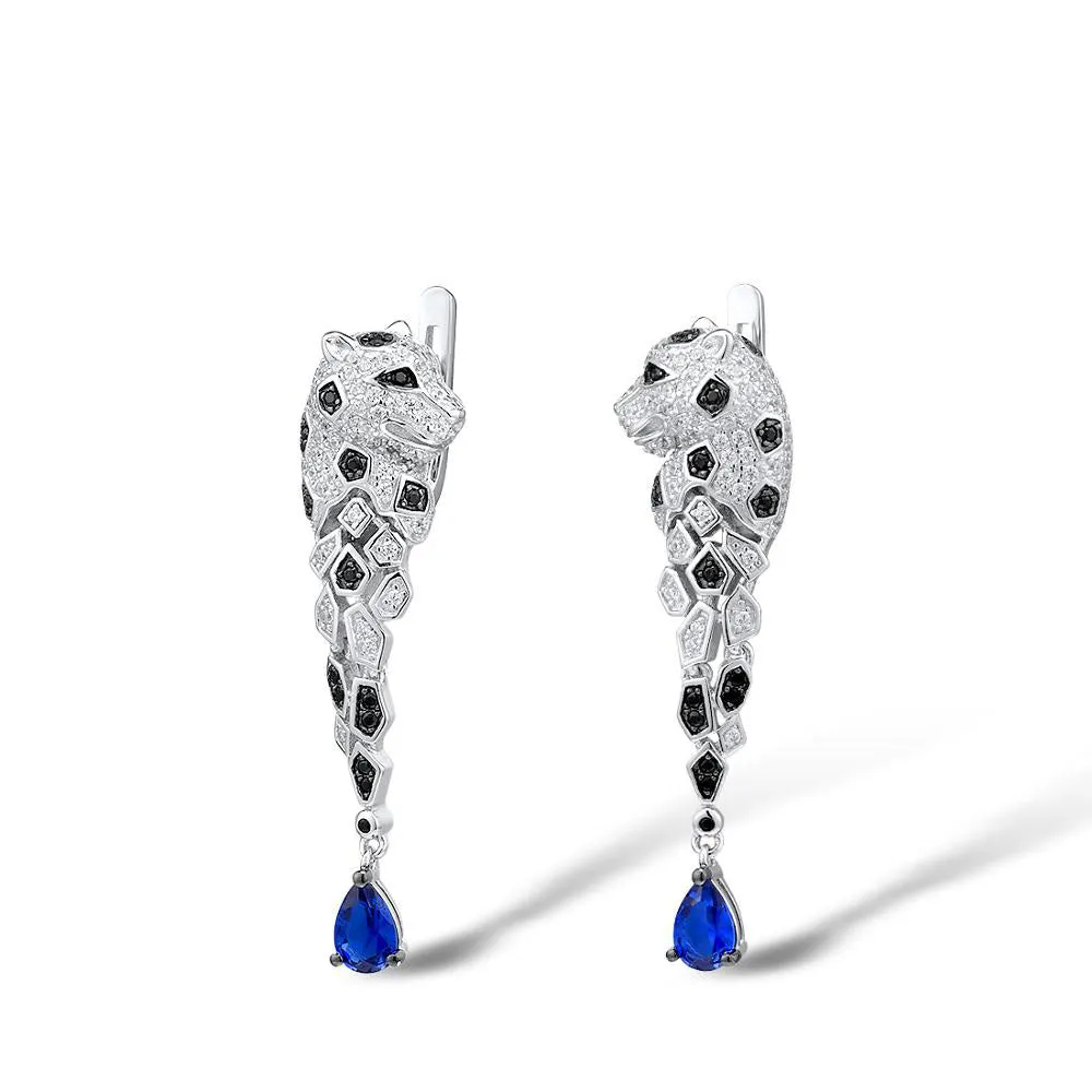925 Sterling Silver Leopard Sparkling Blue Cubic Zirconia Drop Earrings
