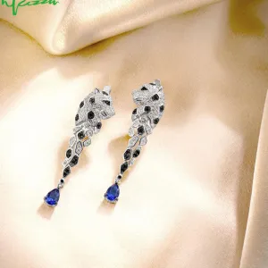 925 Sterling Silver Leopard Sparkling Blue Cubic Zirconia Drop Earrings