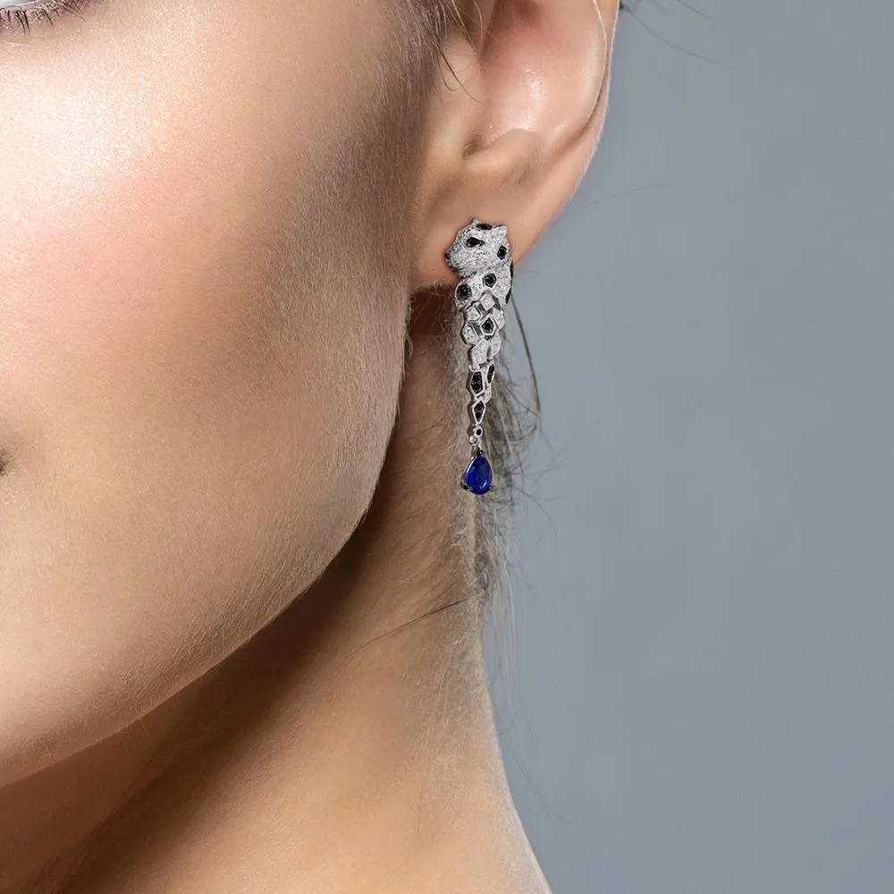 925 Sterling Silver Leopard Sparkling Blue Cubic Zirconia Drop Earrings