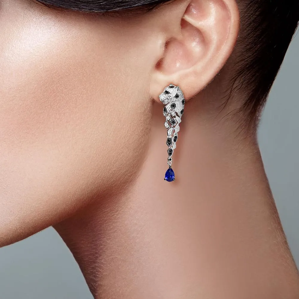 925 Sterling Silver Leopard Sparkling Blue Cubic Zirconia Drop Earrings
