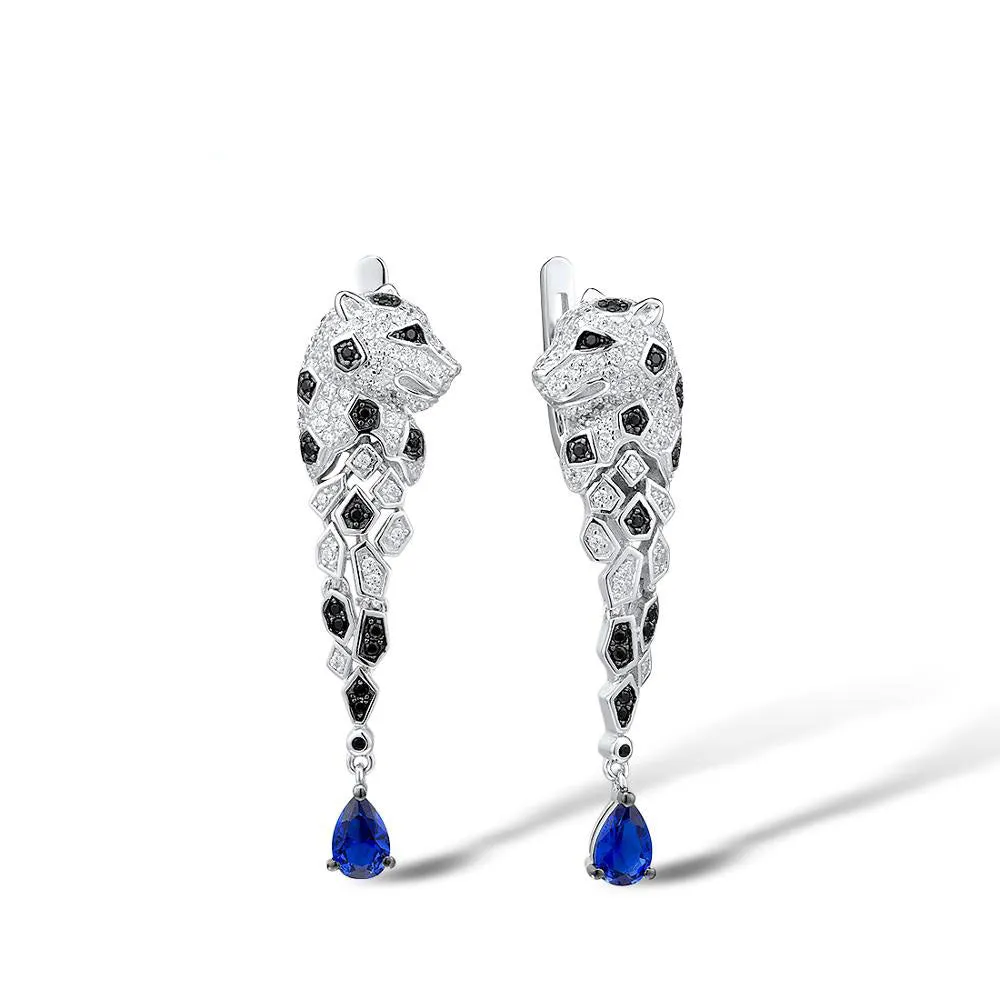 925 Sterling Silver Leopard Sparkling Blue Cubic Zirconia Drop Earrings