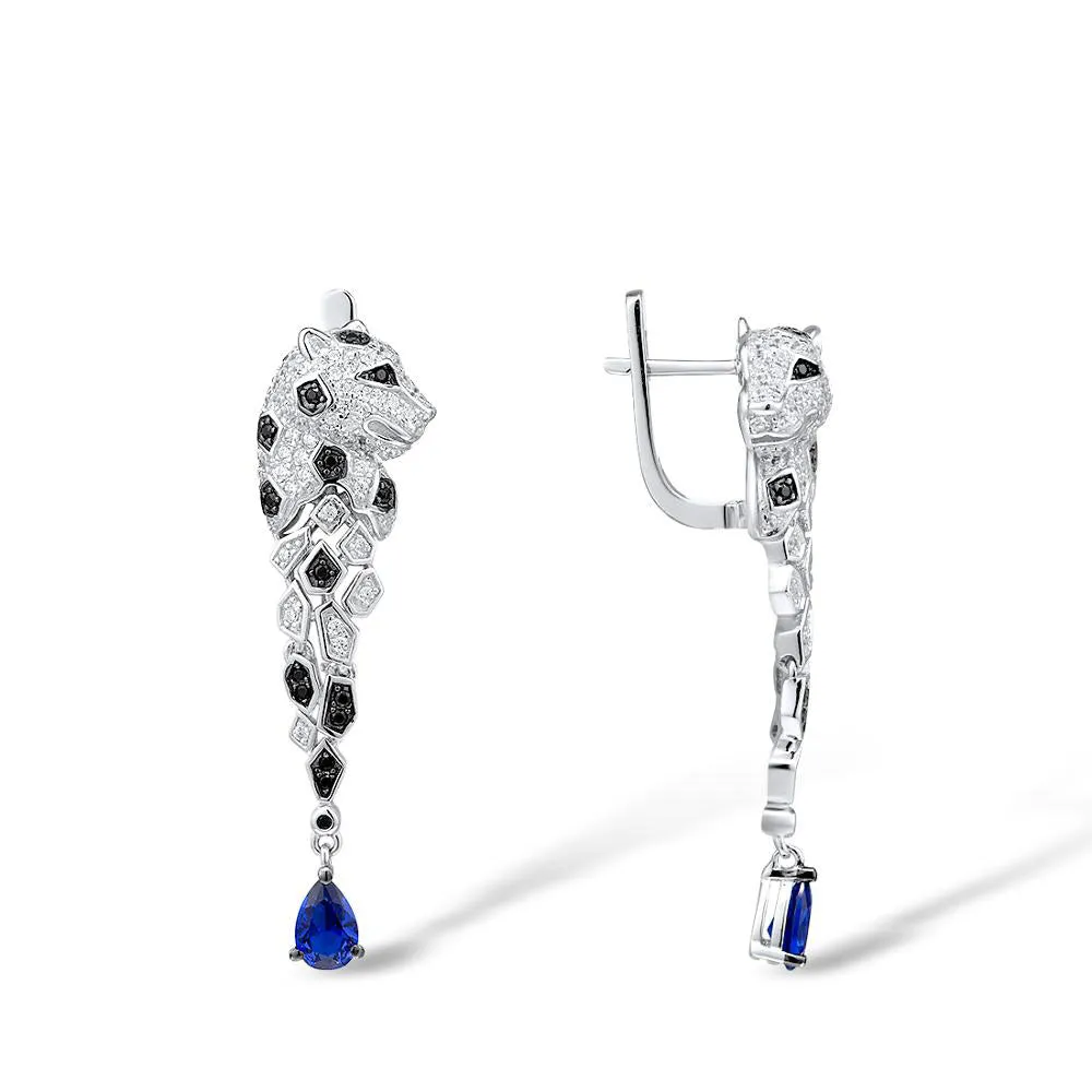 925 Sterling Silver Leopard Sparkling Blue Cubic Zirconia Drop Earrings