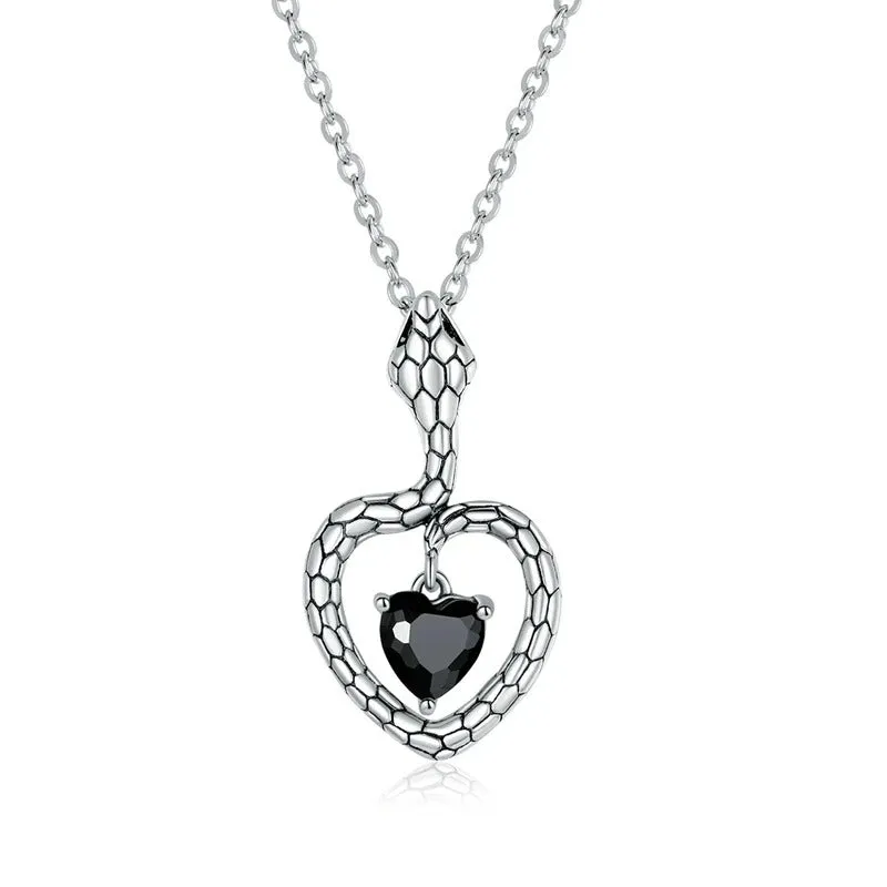 925 Sterling Silver Mysterious Creative Snake Necklace Heart Black Gem Pendant Necklace for Women Party Fine Jewelry