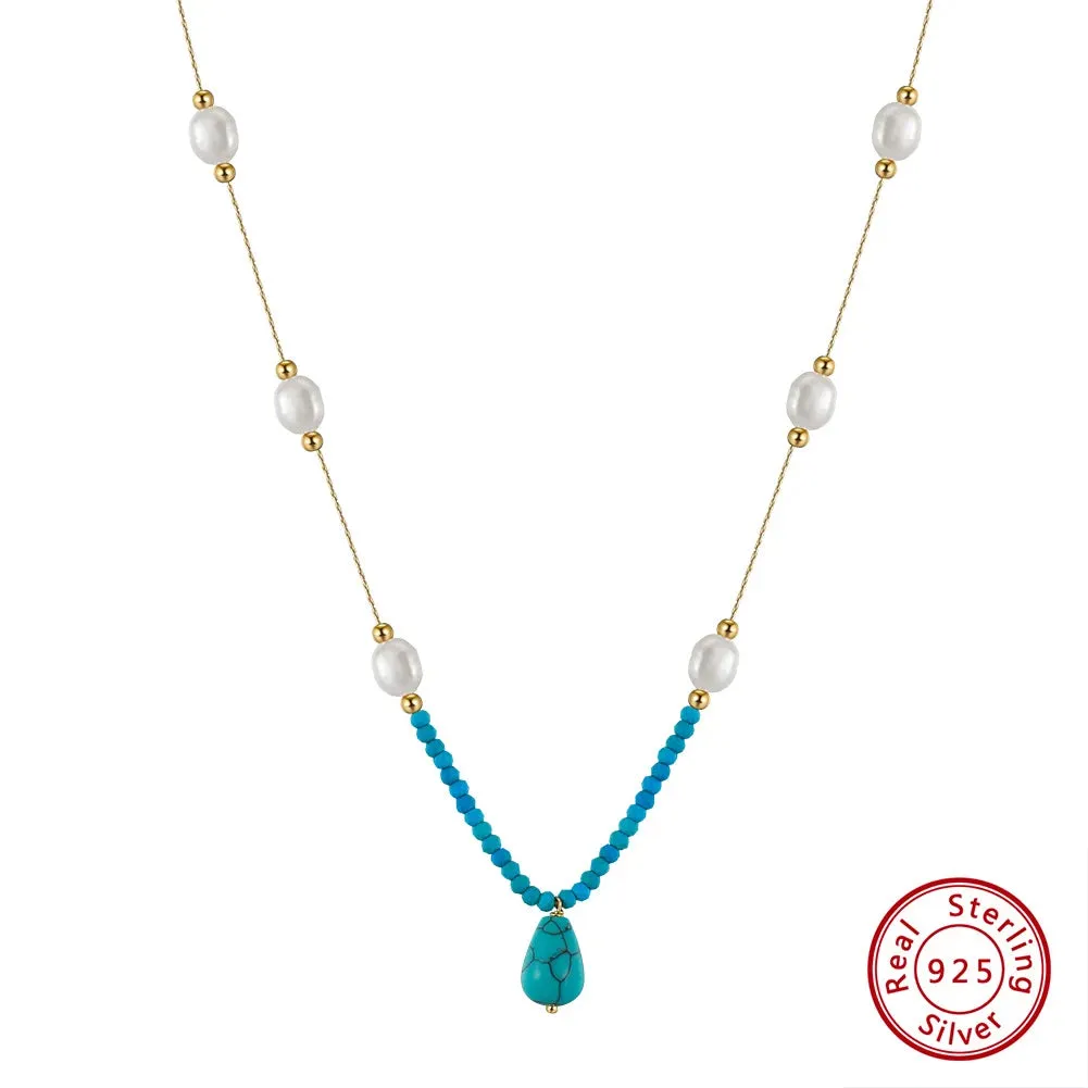 925 Sterling Silver Turquoise Necklace with Natural Pearls Choker Neck Chain for Women