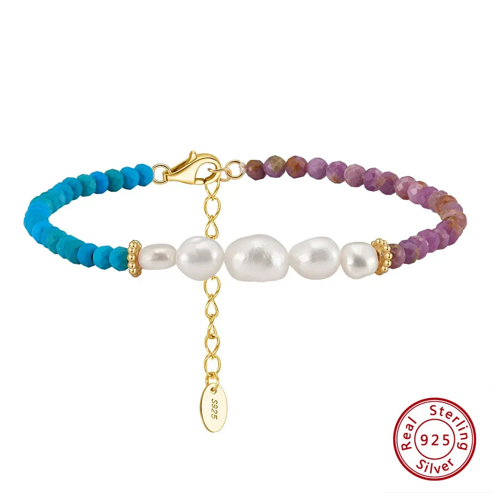 925 Sterling Silver Turquoise Necklace with Natural Pearls Choker Neck Chain for Women