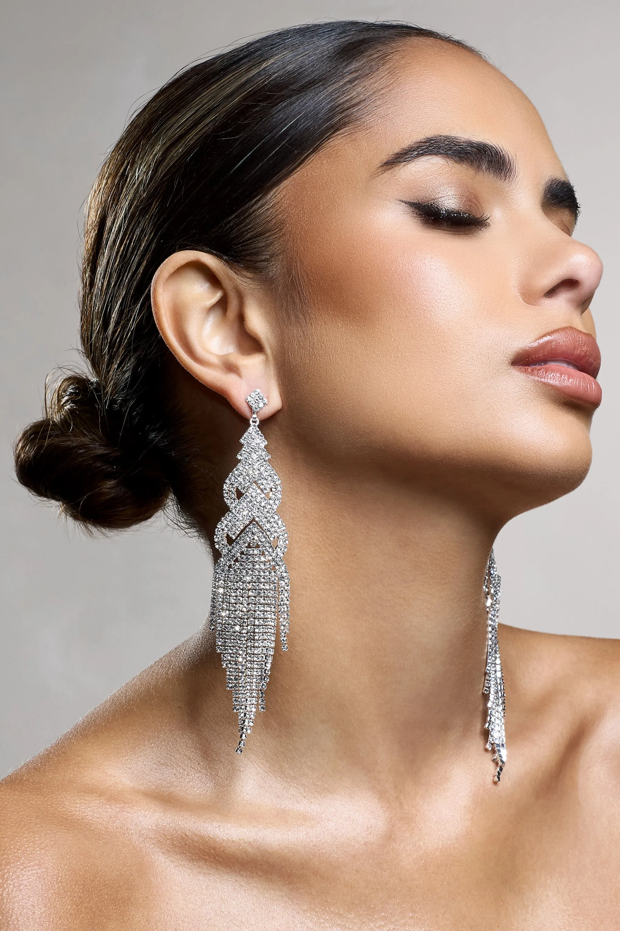 Adorn | Silver Diamante Statement Tassel Drop Earrings