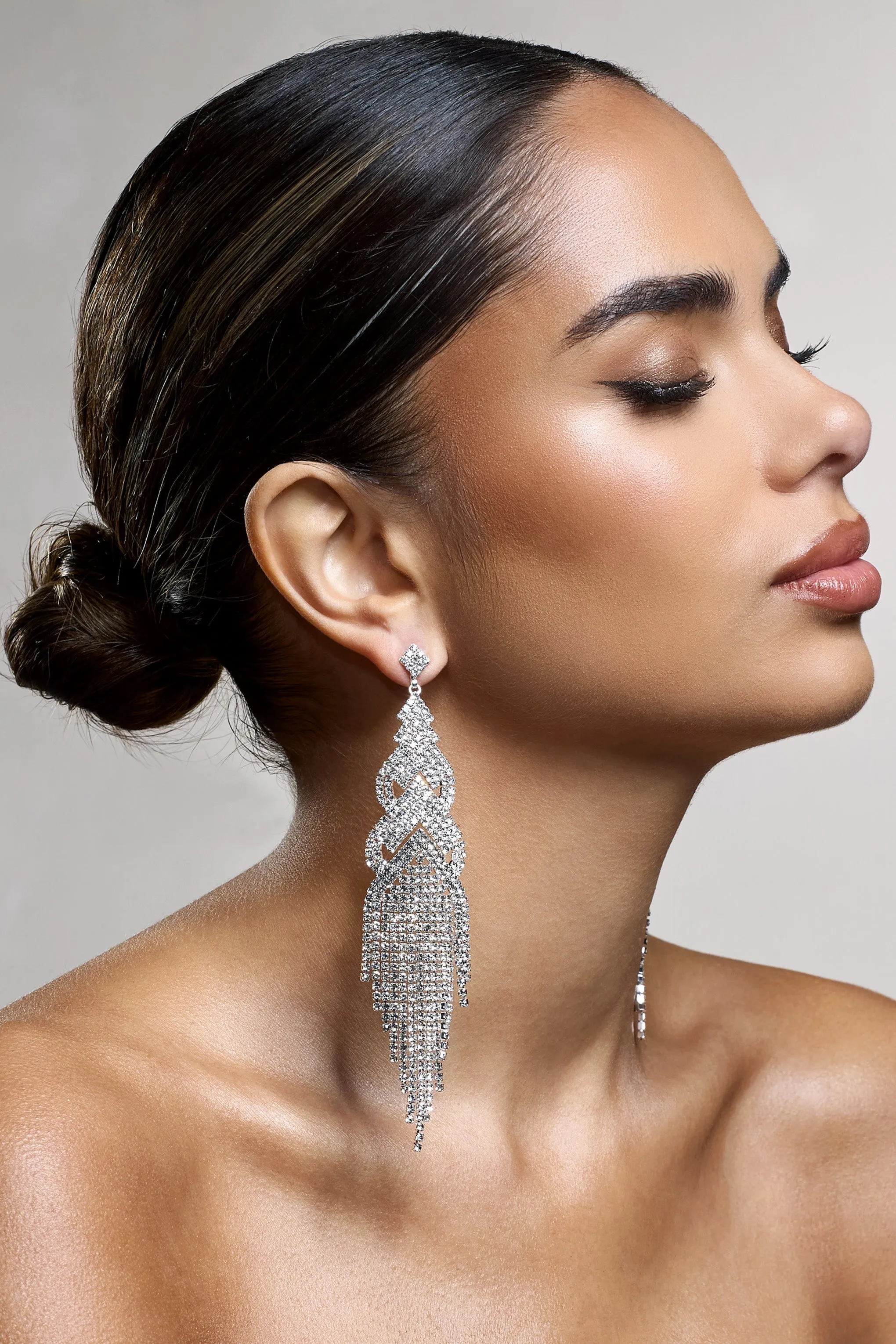 Adorn | Silver Diamante Statement Tassel Drop Earrings