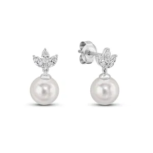 Akoya Pearl and Diamond Drop Earrings in White Gold