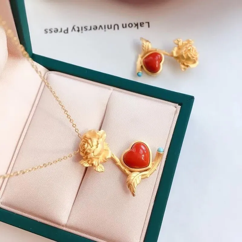 Ancient Gold Craft Southern Red Tourmaline Love Rose Pendant