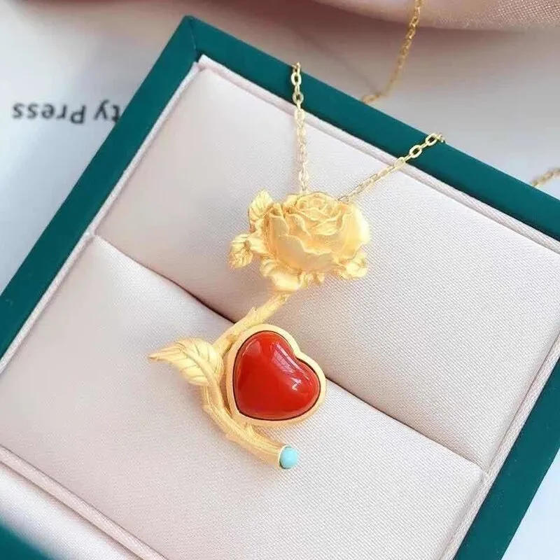 Ancient Gold Craft Southern Red Tourmaline Love Rose Pendant