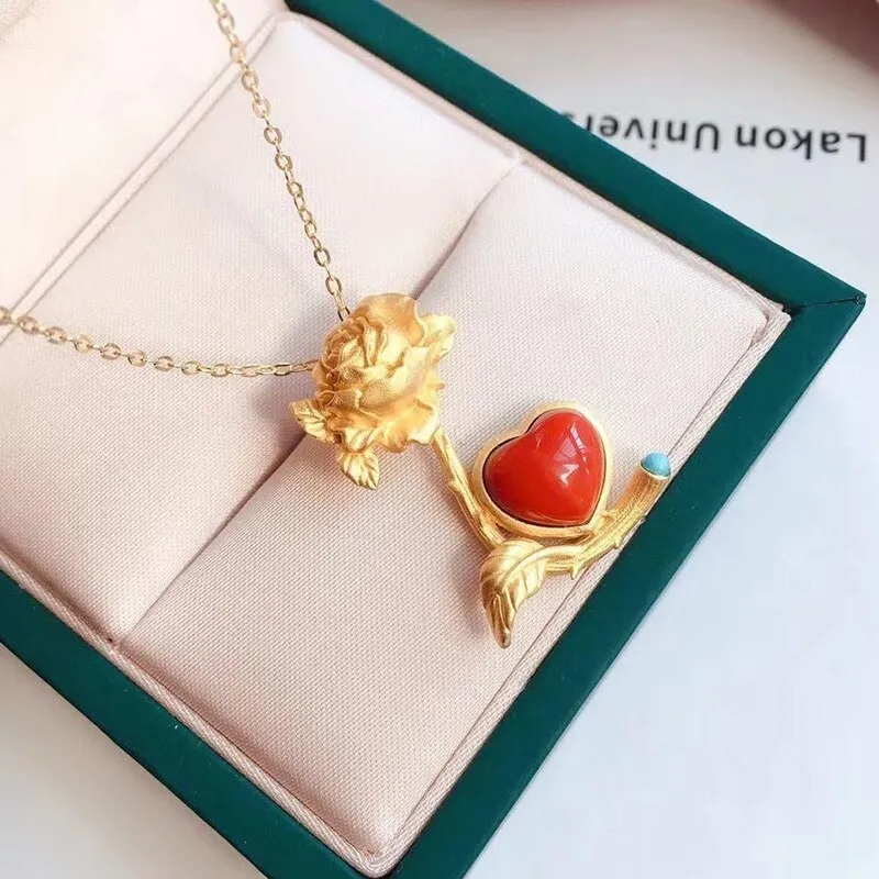 Ancient Gold Craft Southern Red Tourmaline Love Rose Pendant