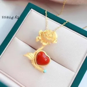 Ancient Gold Craft Southern Red Tourmaline Love Rose Pendant