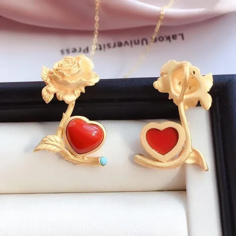 Ancient Gold Craft Southern Red Tourmaline Love Rose Pendant