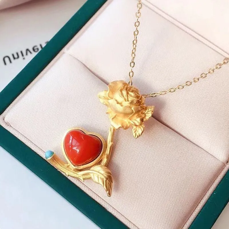 Ancient Gold Craft Southern Red Tourmaline Love Rose Pendant