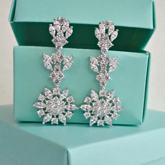 Art Deco Floral Sunburst Cubic Zirconia Long Bridal Earrings, CZ Crystal Drop Wedding Earrings, Long Dangle Chandelier Earrings