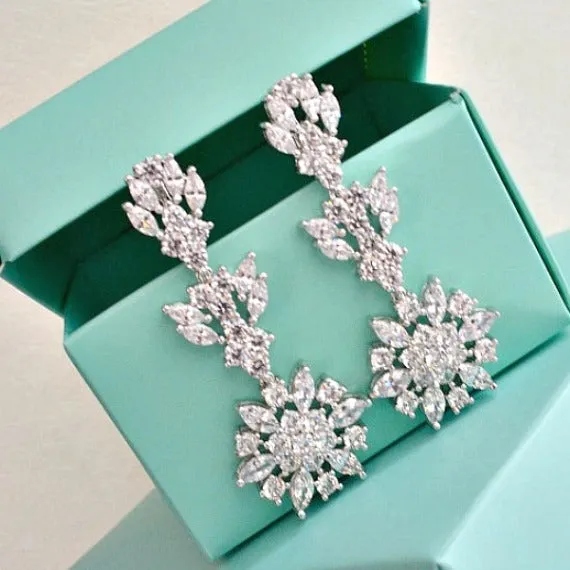 Art Deco Floral Sunburst Cubic Zirconia Long Bridal Earrings, CZ Crystal Drop Wedding Earrings, Long Dangle Chandelier Earrings