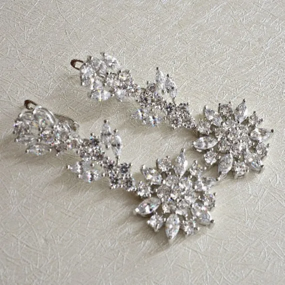 Art Deco Floral Sunburst Cubic Zirconia Long Bridal Earrings, CZ Crystal Drop Wedding Earrings, Long Dangle Chandelier Earrings