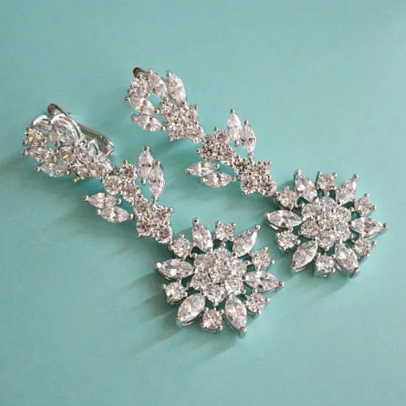 Art Deco Floral Sunburst Cubic Zirconia Long Bridal Earrings, CZ Crystal Drop Wedding Earrings, Long Dangle Chandelier Earrings