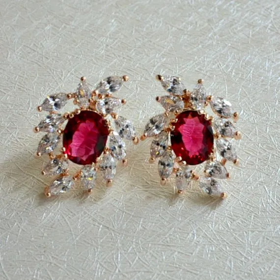 Art Deco Ruby Rose Gold CZ Bridal Earrings. Red Sunburst Crystal Stud Earrings. Rhinestone Cluster Marquise Stud Earrings. Red Wedding