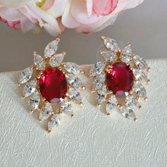 Art Deco Ruby Rose Gold CZ Bridal Earrings. Red Sunburst Crystal Stud Earrings. Rhinestone Cluster Marquise Stud Earrings. Red Wedding