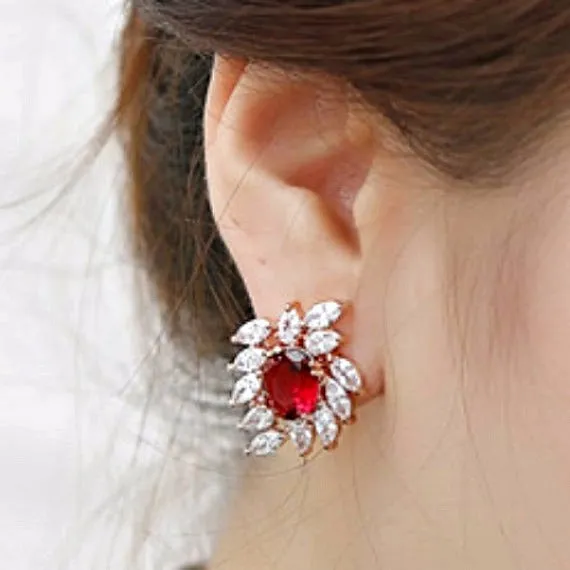 Art Deco Ruby Rose Gold CZ Bridal Earrings. Red Sunburst Crystal Stud Earrings. Rhinestone Cluster Marquise Stud Earrings. Red Wedding