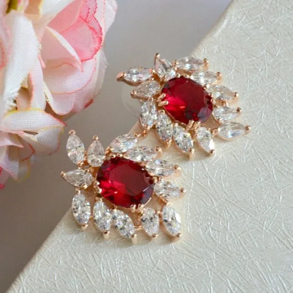 Art Deco Ruby Rose Gold CZ Bridal Earrings. Red Sunburst Crystal Stud Earrings. Rhinestone Cluster Marquise Stud Earrings. Red Wedding