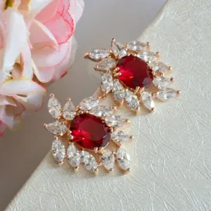 Art Deco Ruby Rose Gold CZ Bridal Earrings. Red Sunburst Crystal Stud Earrings. Rhinestone Cluster Marquise Stud Earrings. Red Wedding