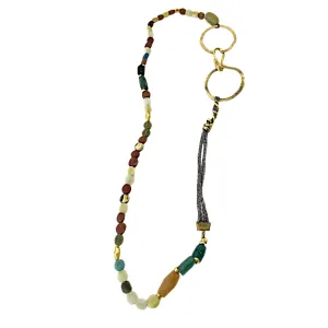 ARTIZ |'Two Bronze Hoops   Metallic Rope Necklace' |Jade / Ancient Roman glass / bronze pieces