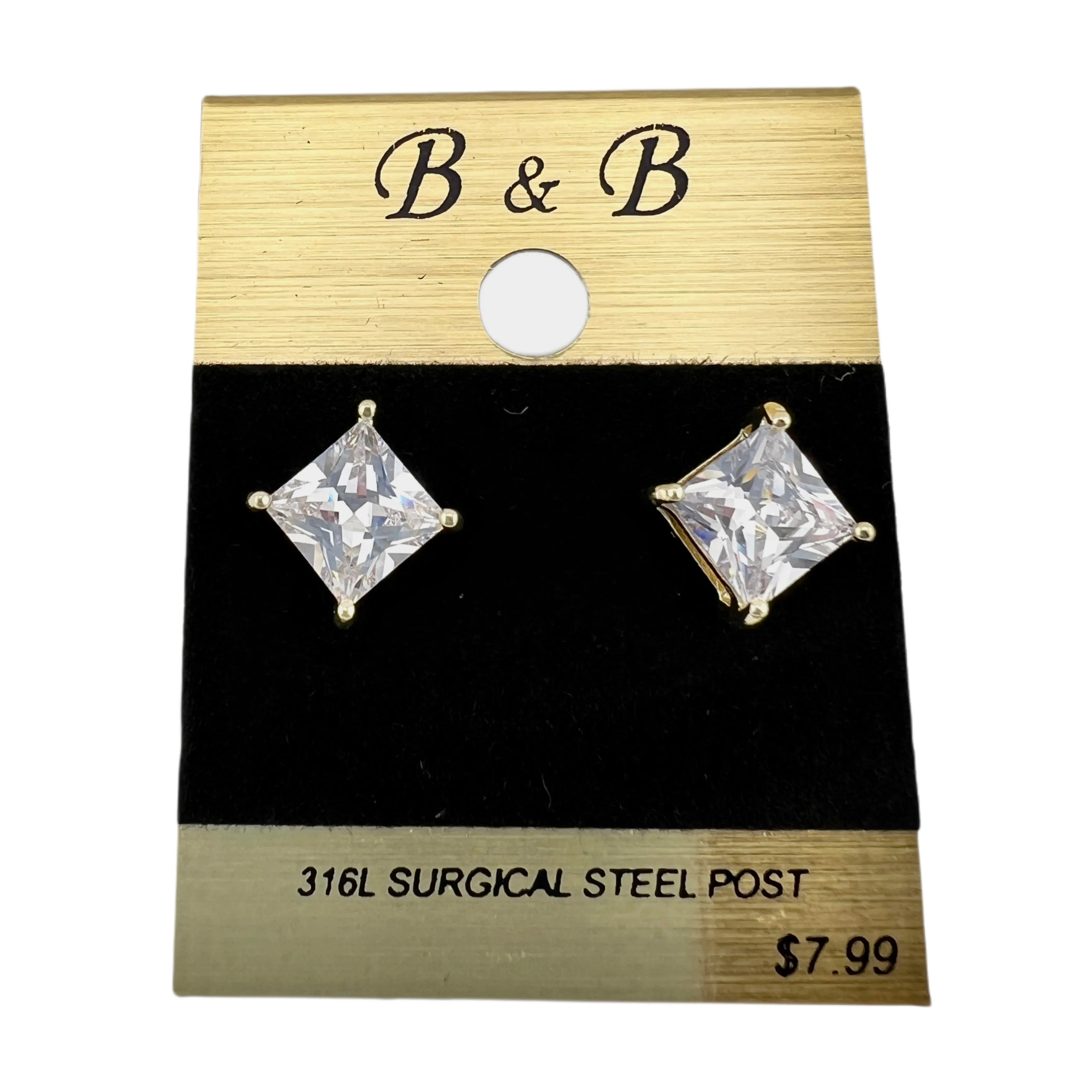 B&B Gold Color Cubic Zirconia Square Stud Earrings