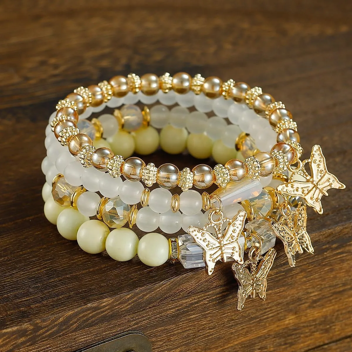 Beaded Bracelets for Women, Boho Trendy Stackable Stretch Crystal Bracelet Set Cute 14k Gold Butterfly Charms Bracelets for Women Jewelry Gifts