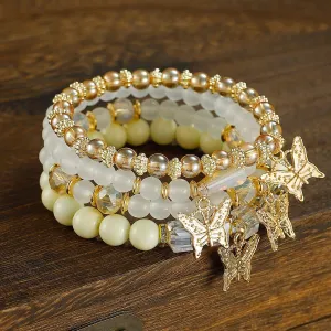Beaded Bracelets for Women, Boho Trendy Stackable Stretch Crystal Bracelet Set Cute 14k Gold Butterfly Charms Bracelets for Women Jewelry Gifts