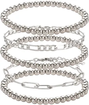 Beaded Bracelets for Women Stack Stretch Gold Silver Small Ball Beads Bracelets Dainty Paperclip Figaro Link Chain Bracelet Ankle for His and Her