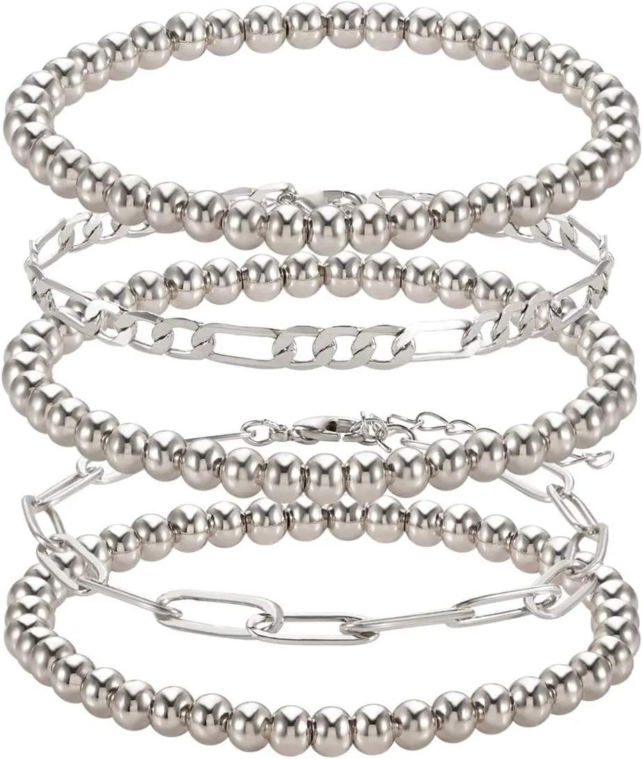 Beaded Bracelets for Women Stack Stretch Gold Silver Small Ball Beads Bracelets Dainty Paperclip Figaro Link Chain Bracelet Ankle for His and Her